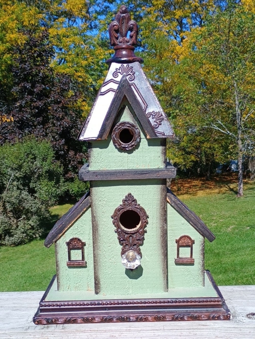 Decorative Birdhouse Church Wood With Ton Roof Green Ornate Details 16" Tall